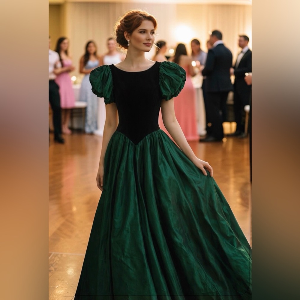 Vtg 80’s Black Velvet Emerald Green Taffeta Romantic Prom Evening Gown Dress